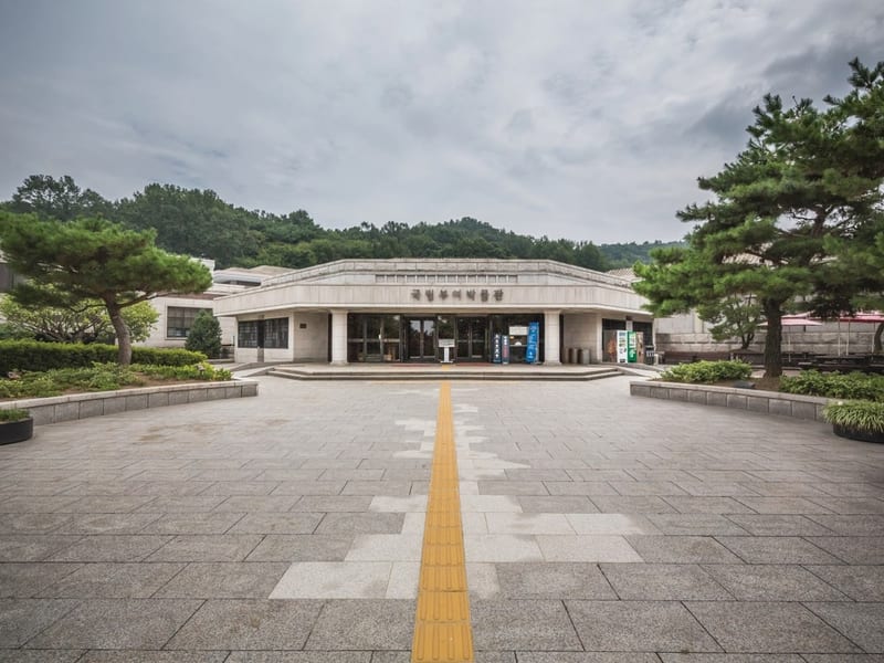 나무와 넓은 광장 너머로 보이는 국립부여박물관 정면